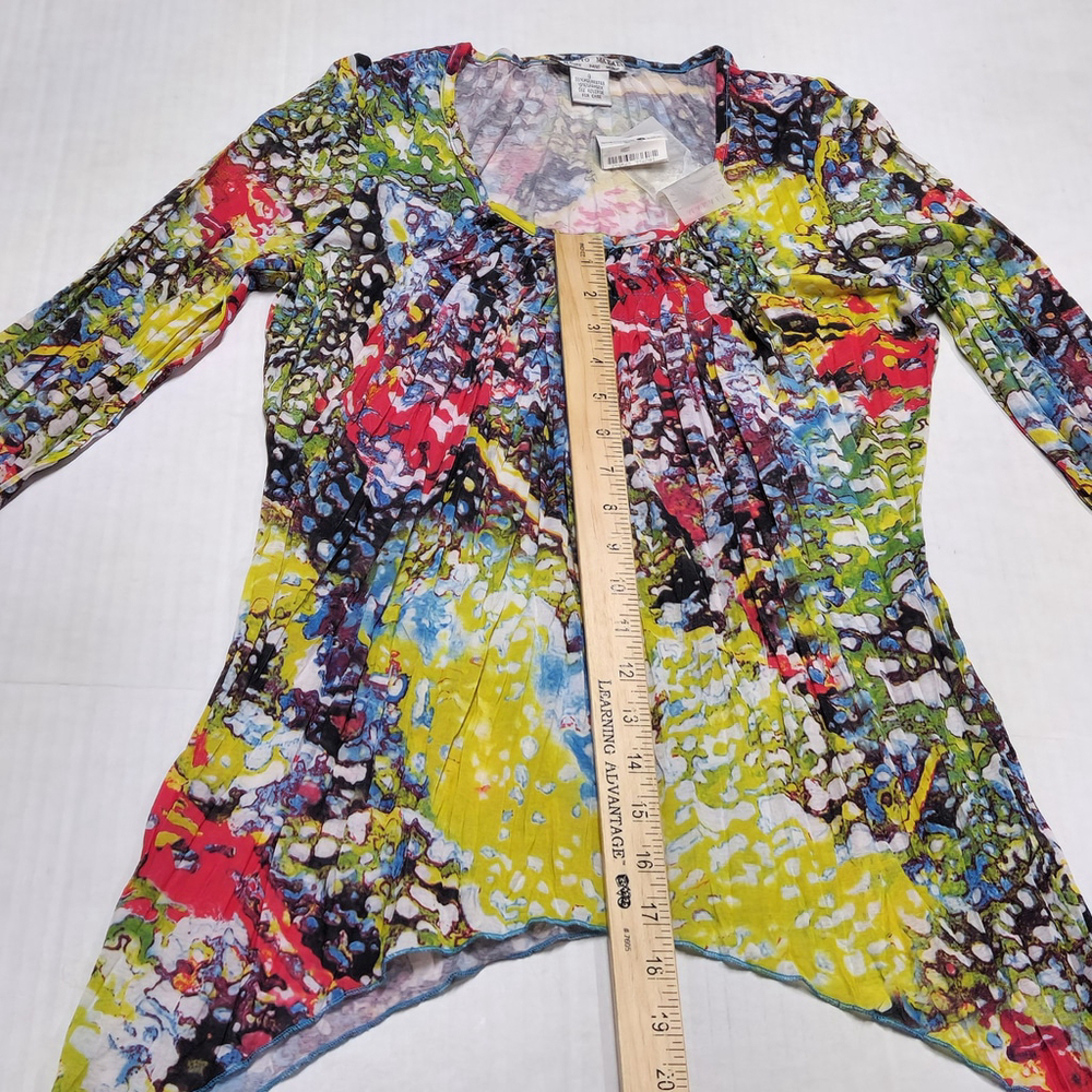 Chiffon Blouse 3/4 Sleeves Asymmetrical Hem Small Abstract Boho Colorful - Picture 4 of 9